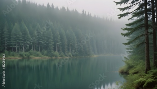 A dense  evergreen forest with a serene lake  surrounded by a moody  overcast atmosphere