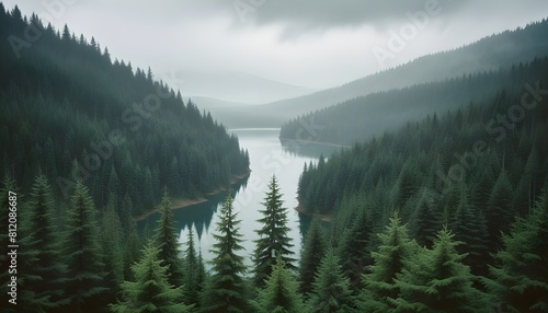 A dense, evergreen forest with a serene lake, surrounded by a moody, overcast atmosphere