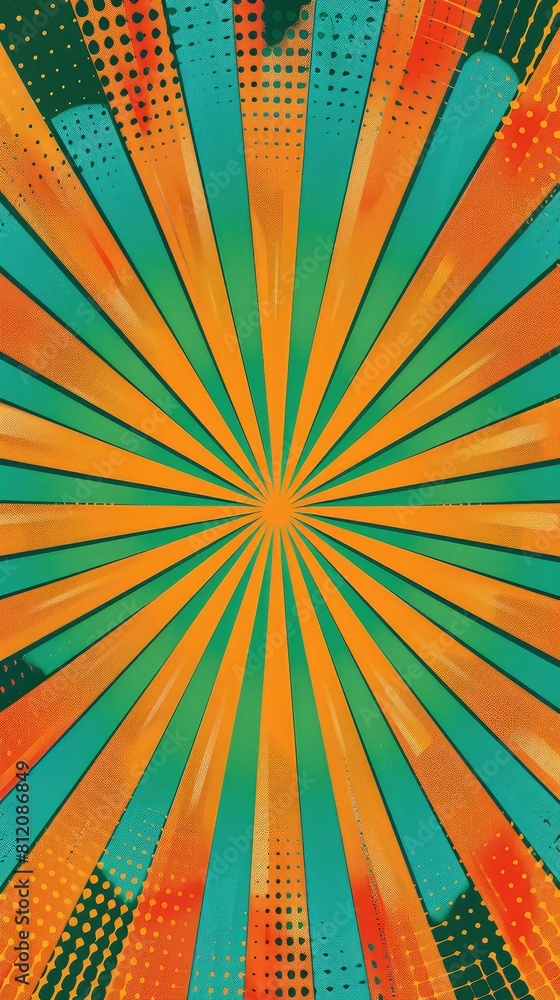 A colorful comic book style background with a green and orange radial gradient There are multiple orange and blue rays emanating from the center.