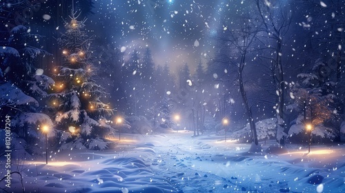 snow falling at night in a snowy dark forest with lights and stars © Fathur