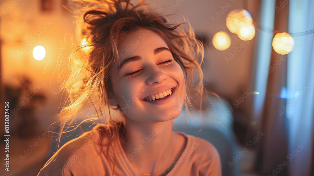 Young Girl Smiles by Window. Generative AI Young Girl Smiles by Window. Generative AI