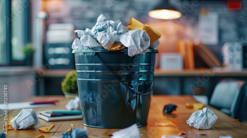 A metal bucket full of paper trash sits on a wooden table