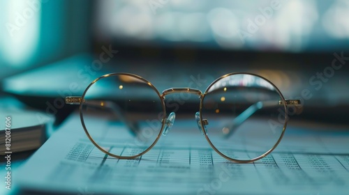 A pair of glasses is on top of a piece of paper with numbers and letters photo