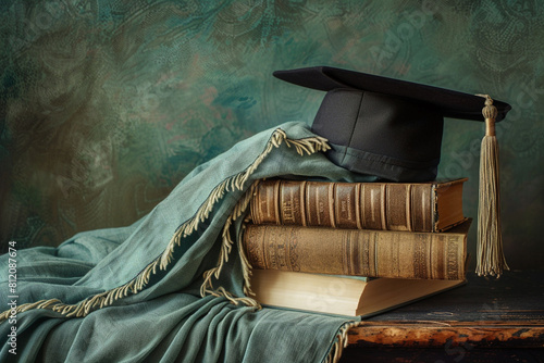 Academic Still Life with Graduation Cap and Book  photo