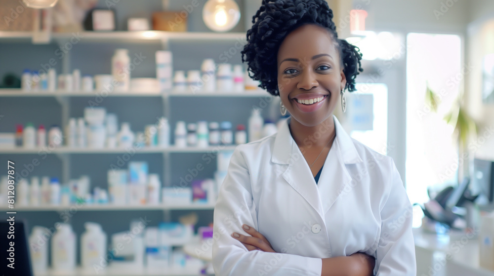 An African American pharmacist stands behind a medicine counter in a pharmacy and smiles. Daylighting. An African American pharmacist stands behind a medicine counter in a pharmacy and smiles. Daylighting.