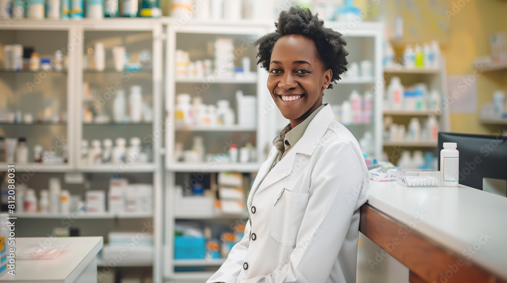 Fototapeta premium An African American pharmacist stands behind a medicine counter in a pharmacy and smiles. Daylighting.