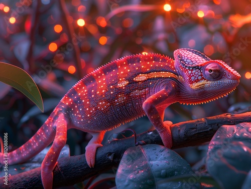 Chameleon Colorful Neon Close-Up Food Dining Blurred Background Image