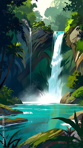 Pure natural waterfall in tropical jungle  artistic painting style illustration with grunge brush stroke texture. illustration vector. Generative AI