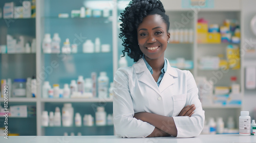 An African American pharmacist stands behind a medicine counter in a pharmacy and smiles. Daylighting.