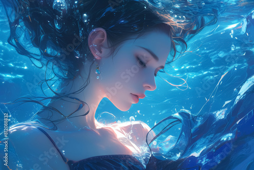 Serene Submerged Beauty Portrait: Woman with Flowing Hair in Clear Water