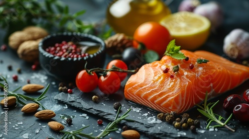 Fresh salmon, vegetables, fruits, nuts, herbs, spices and olive oil. Super food concept high in omega-3 fatty acids, anthocyanins, fiber, antioxidants and minerals. Dark background.