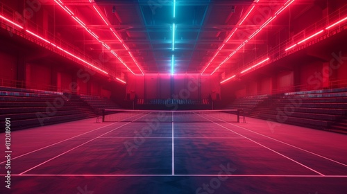 Tennis Courts Neon Lights: A photo of an empty tennis court illuminated by neon lights