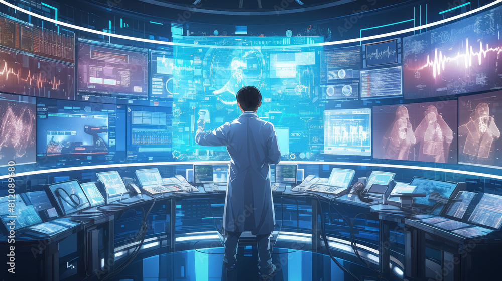 Medical Professional Monitoring Patient Health in a High-Tech Control Center Medical Professional Monitoring Patient Health in a High-Tech Control Center