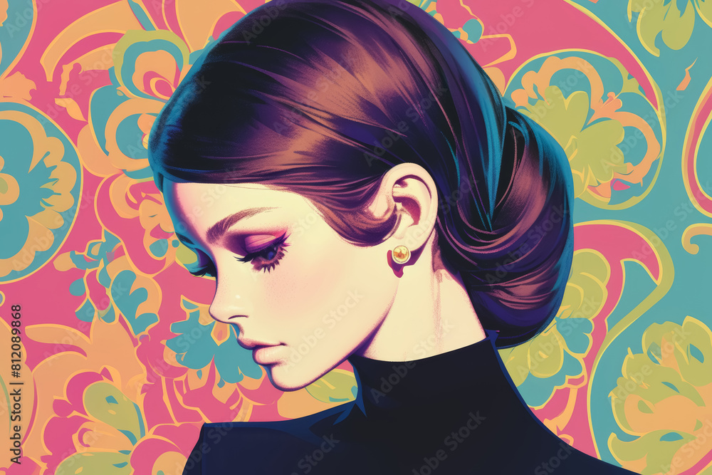 Elegant 1960s-Inspired Woman's Portrait with Beehive Hairstyle and Pastel Makeup Elegant 1960s-Inspired Woman's Portrait with Beehive Hairstyle and Pastel Makeup