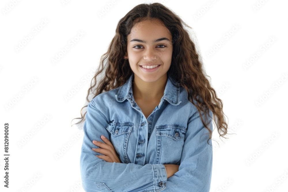 Smiling Brazilian Woman in Denim Shirt Standing Over White Background with Crossed Arms Smiling Brazilian Woman in Denim Shirt Standing Over White Background with Crossed Arms
