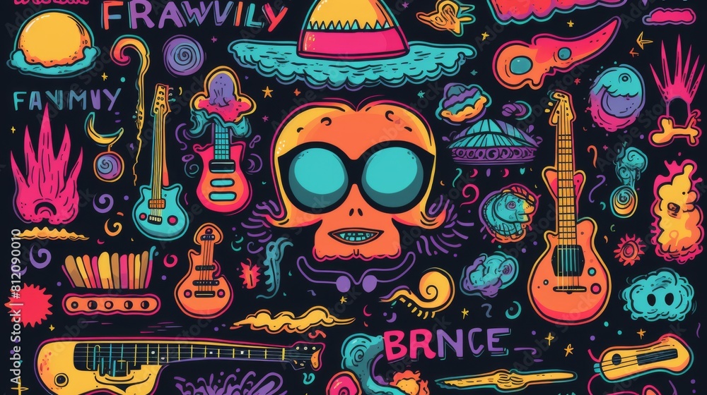 Obraz premium set of funky groovy elements, hand drawn , black background