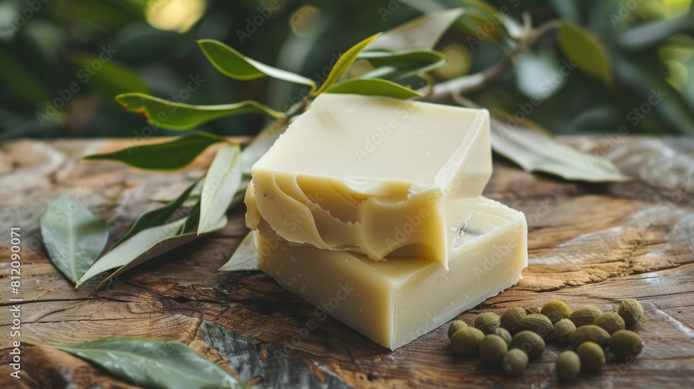 Organic Laurel Soap with Olive Oil and Leaves on Wooden Rustic Backdrop. Natural Handmade Soap Organic Laurel Soap with Olive Oil and Leaves on Wooden Rustic Backdrop. Natural Handmade Soap