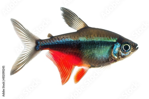 Black Neon Tetra Fish in Freshwater Aquarium on White Background. Isolated Cardinal Barb with Neon