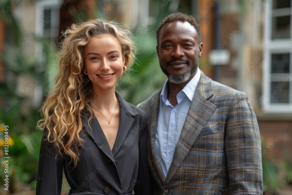 A professional Black man and a Caucasian woman, both in business attire, stand together in an office-like setting with a tropical backdrop. A professional Black man and a Caucasian woman, both in business attire, stand together in an office-like setting with a tropical backdrop.