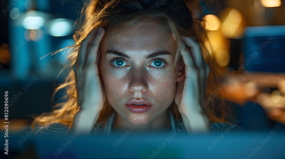 Fototapeta premium A worried young woman experiencing stress or confusion while working late on a computer