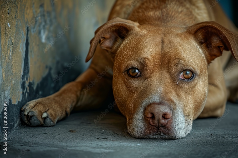 Homeless Abused dog alone abandoned on street. Homeless starving animal in chains captivity. Generate ai Homeless Abused dog alone abandoned on street. Homeless starving animal in chains captivity. Generate ai