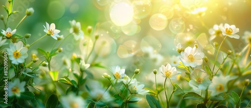 
A watercolor backdrop features delicate chickweed blooms, their tiny white flowers adorned with sunny yellow centers, painting a serene scene reminiscent of sun-kissed meadows and gentle winds. photo