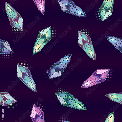 Pattern with colorful crystal gems on dark background. Magical, glowing minerals inside. Fantasy, mystical concept. Cool color palette. Vintage style
