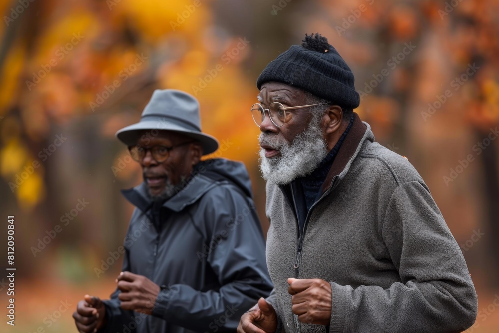 Two elderly African American men jog in a park on a rainy day, displaying energy and enjoyment in their active lifestyle. Two elderly African American men jog in a park on a rainy day, displaying energy and enjoyment in their active lifestyle.