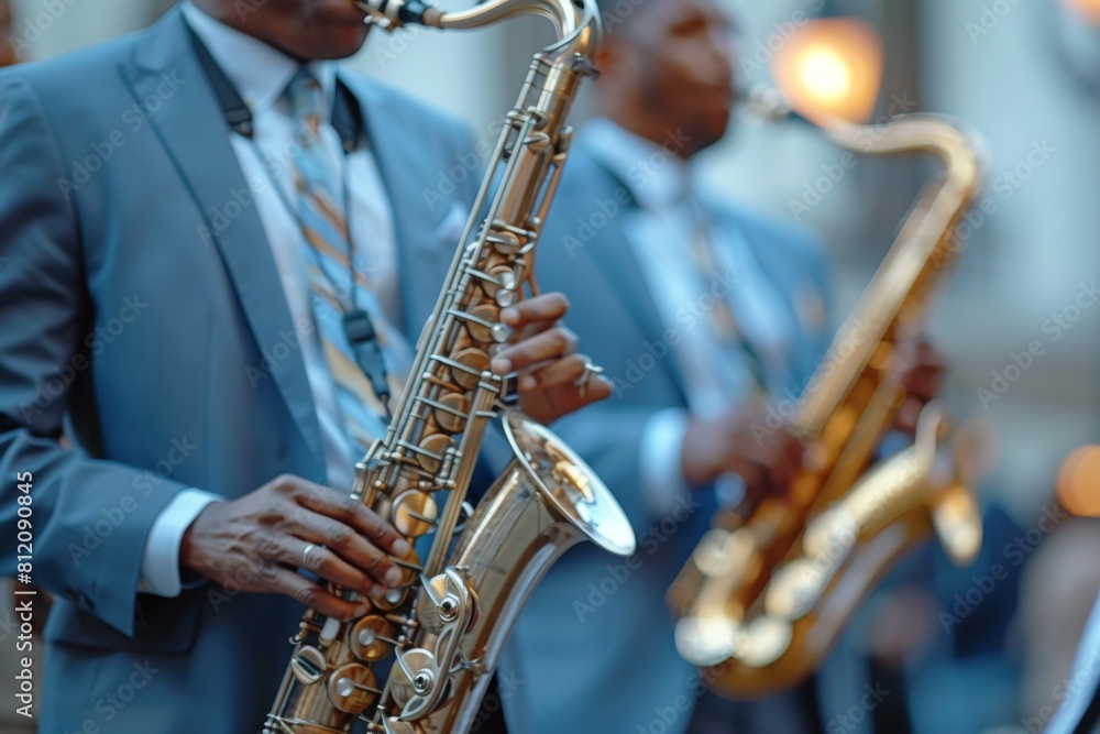 Fototapeta premium A group of musicians, dressed in smart blue suits, play saxophones at an outdoor event, focusing intently on their performance.