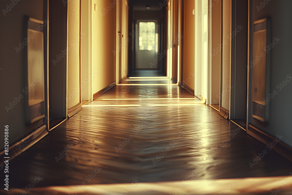 Warm sunlight fills a narrow hallway with open doors, casting shadows on a wooden floor Warm sunlight fills a narrow hallway with open doors, casting shadows on a wooden floor