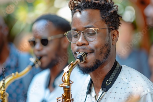 A young African American man plays the saxophone outdoors at a festive event, with other musicians blurred in the background.