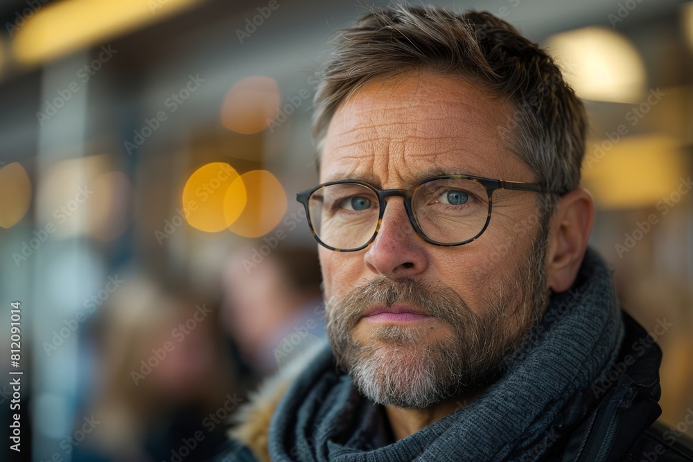 A mature Caucasian man with salt and pepper hair and a neatly trimmed beard looks contemplatively in a busy cafe, wearing glasses and a scarf. A mature Caucasian man with salt and pepper hair and a neatly trimmed beard looks contemplatively in a busy cafe, wearing glasses and a scarf.