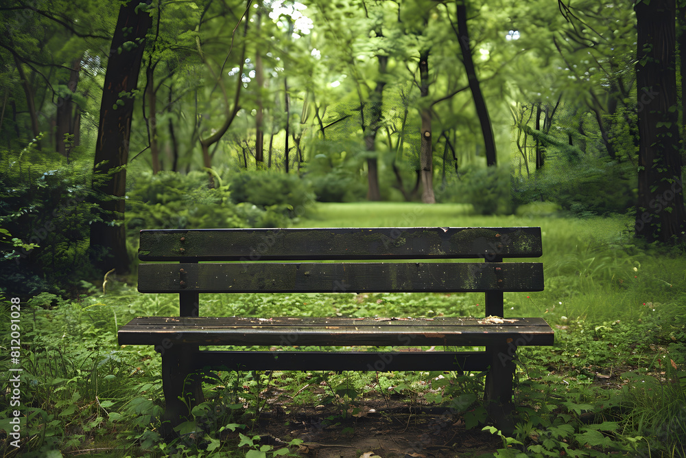 A tranquil scene with an aging wooden bench centered amidst vibrant green vegetation and trees in a forest A tranquil scene with an aging wooden bench centered amidst vibrant green vegetation and trees in a forest