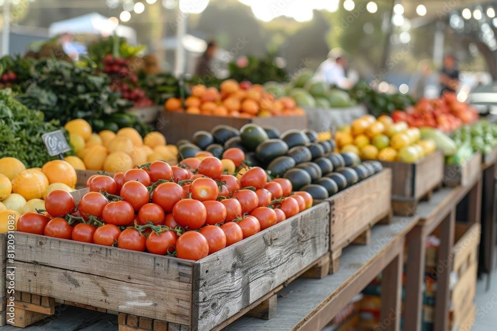 Crates of colorful tomatoes and other fresh produce are displayed at an outdoor farmers market under a bright, sunny sky.