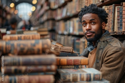 A man in a patterned overcoat leans against a stack of aged books in a bookstore, his expression thoughtful and direct.