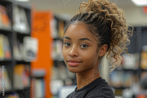 A young African American woman with curly hair and subtle makeup poses in a library, her gaze calm and direct.