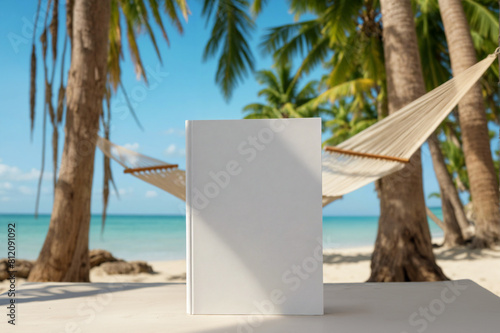 Blank book cover template standing on table against summer blurred background, palms, ocean, sea, beach, hanging hammock. Front view of magazine mockup. Vacation, holiday leisure