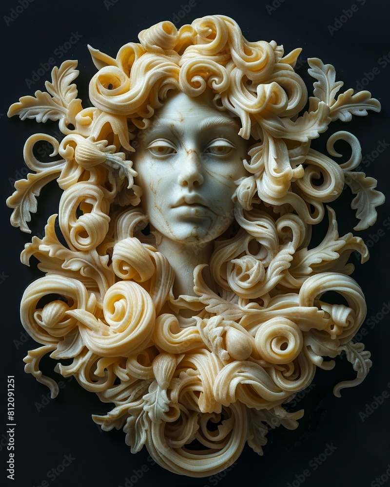 Gourmet pasta plate from above, noodles arranged to mimic a classical sculpture, in a detailed Baroque art style , vibrant colors Gourmet pasta plate from above, noodles arranged to mimic a classical sculpture, in a detailed Baroque art style , vibrant colors