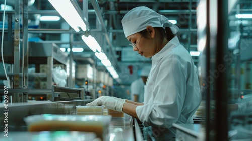 A factory worker inspecting products on a production line for quality control