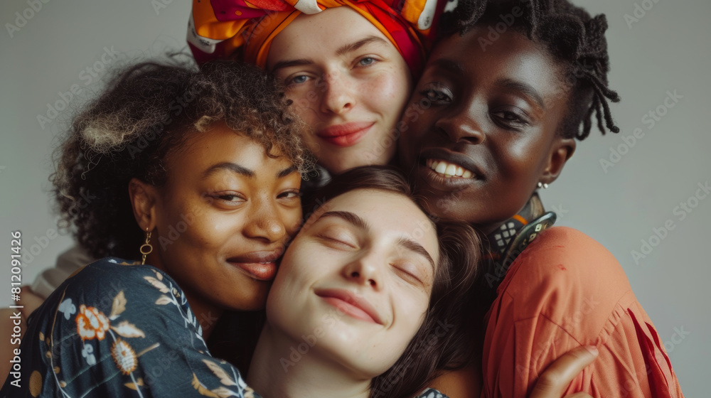 Group portrait of friends from different cultural backgrounds embracing each other, diversity in friendship Group portrait of friends from different cultural backgrounds embracing each other, diversity in friendship