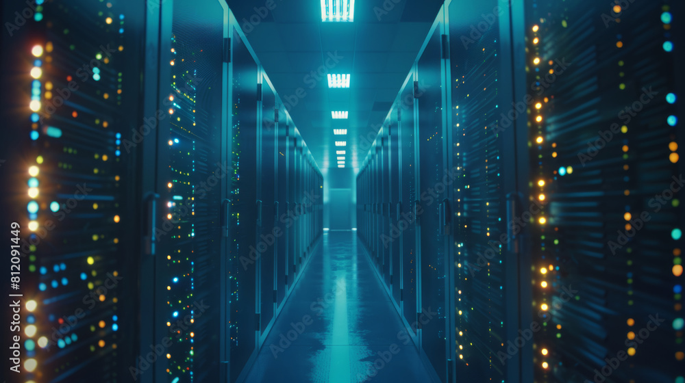 A network server room with rows of servers and blinking lights A network server room with rows of servers and blinking lights