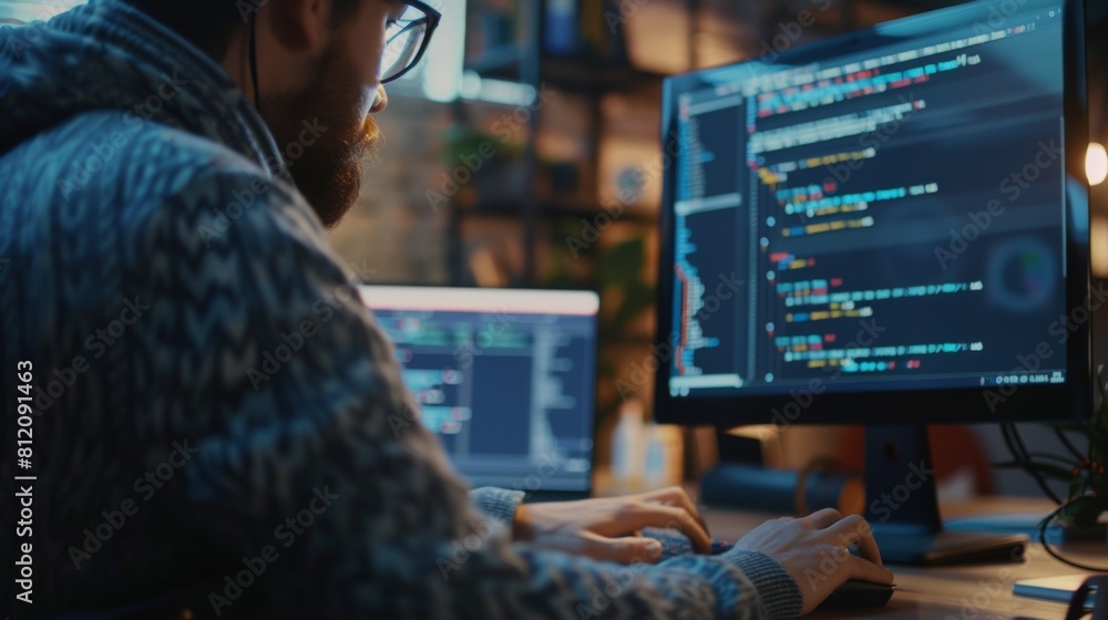 A programmer coding on a computer with lines of code displayed on the screen