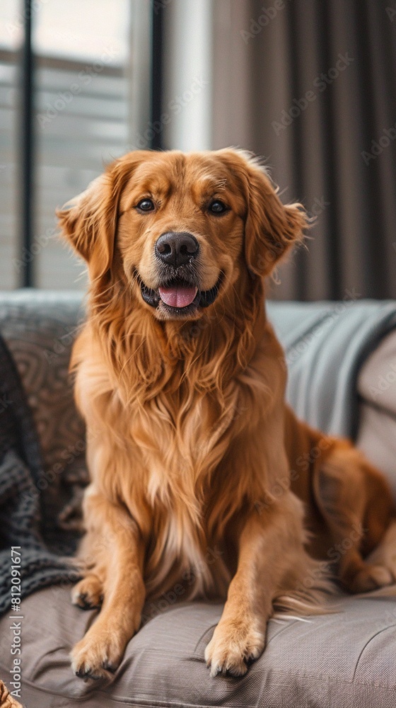 Loyal Golden Retriever, tail wagging energetically, bright natural light, front view , cinematic
