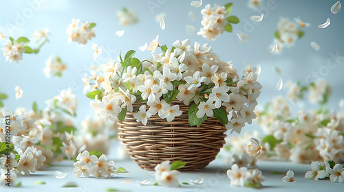 Jasmine flower petals fall from above in a basket with flowers on a blue background (ID: 812092633)