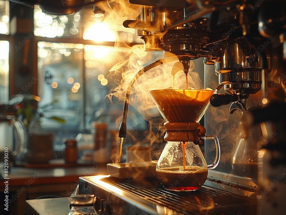 Detailed shot of coffee brewing, steam clouds, warm ambient kitchen, early morning serenity . the best lens quality Detailed shot of coffee brewing, steam clouds, warm ambient kitchen, early morning serenity . the best lens quality
