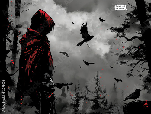 Little Red Riding Hood walks through the dark forest, surrounded by a murder of crows. photo