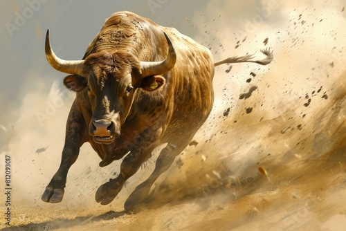 Intense moment as a powerful bull charges forward, surrounded by a cloud of dust
