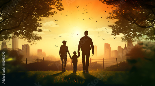 silhouette of a couple walking in the sunset silhouette, sunset, family, couple, people, love, woman, sun, tree, sky, child, nature, father, illustration, grass, summer, vector, walk
