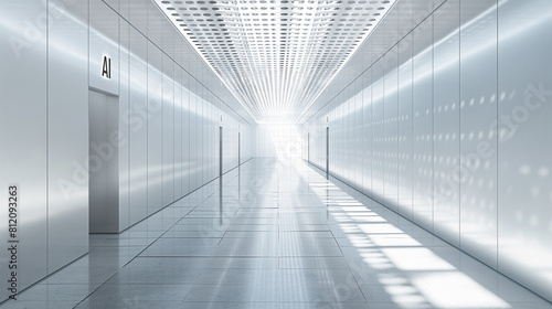 The image shows a long, empty hallway with white walls and a bright light at the end of the hall.