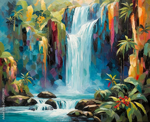 Beautiful stream painting. Nature landscape with a flowing water.